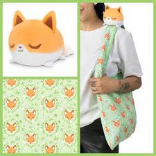 Plushie Tote Bag: Light Green Foxes Tote Bag + Orange & White Fox Plushie TET 6081-TY-552